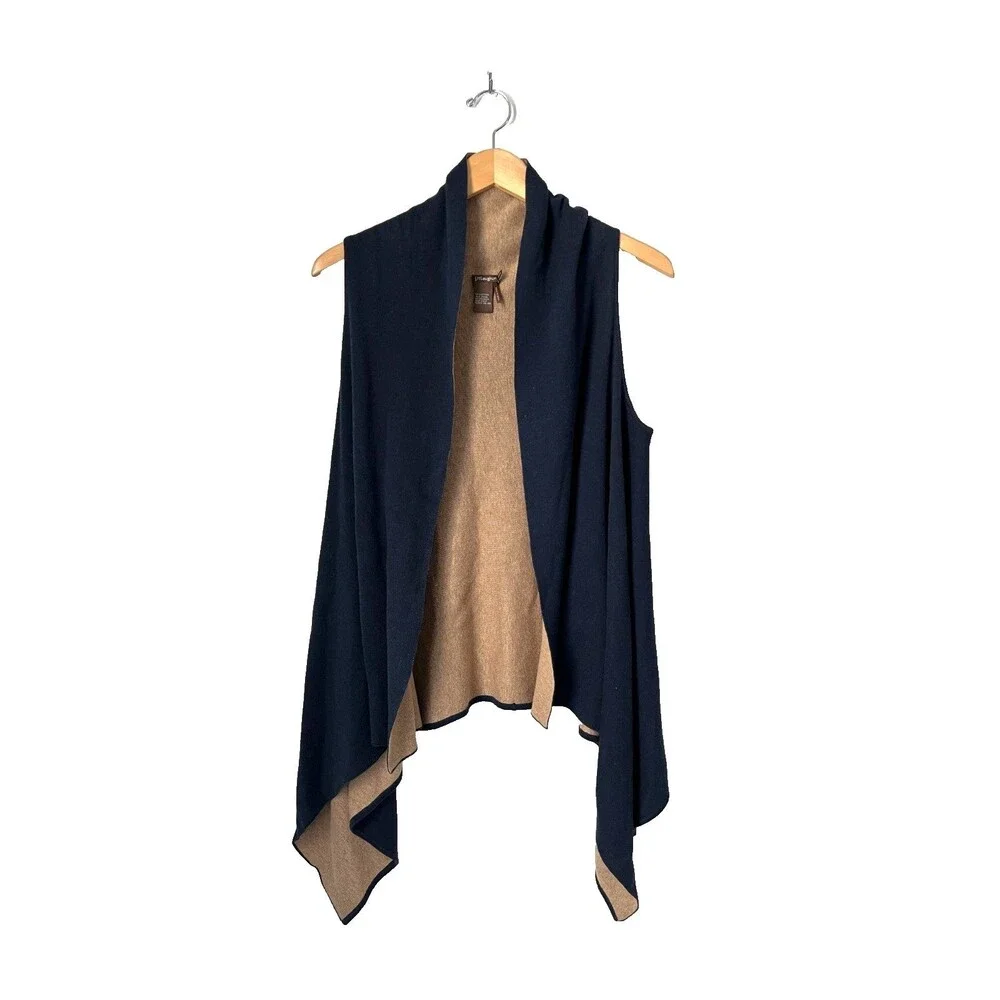 J McLaughlin Reversible Draped Cardigan Vest Navy Camel Soft Modal Blend Sz XS/S - Picture 2 of 4